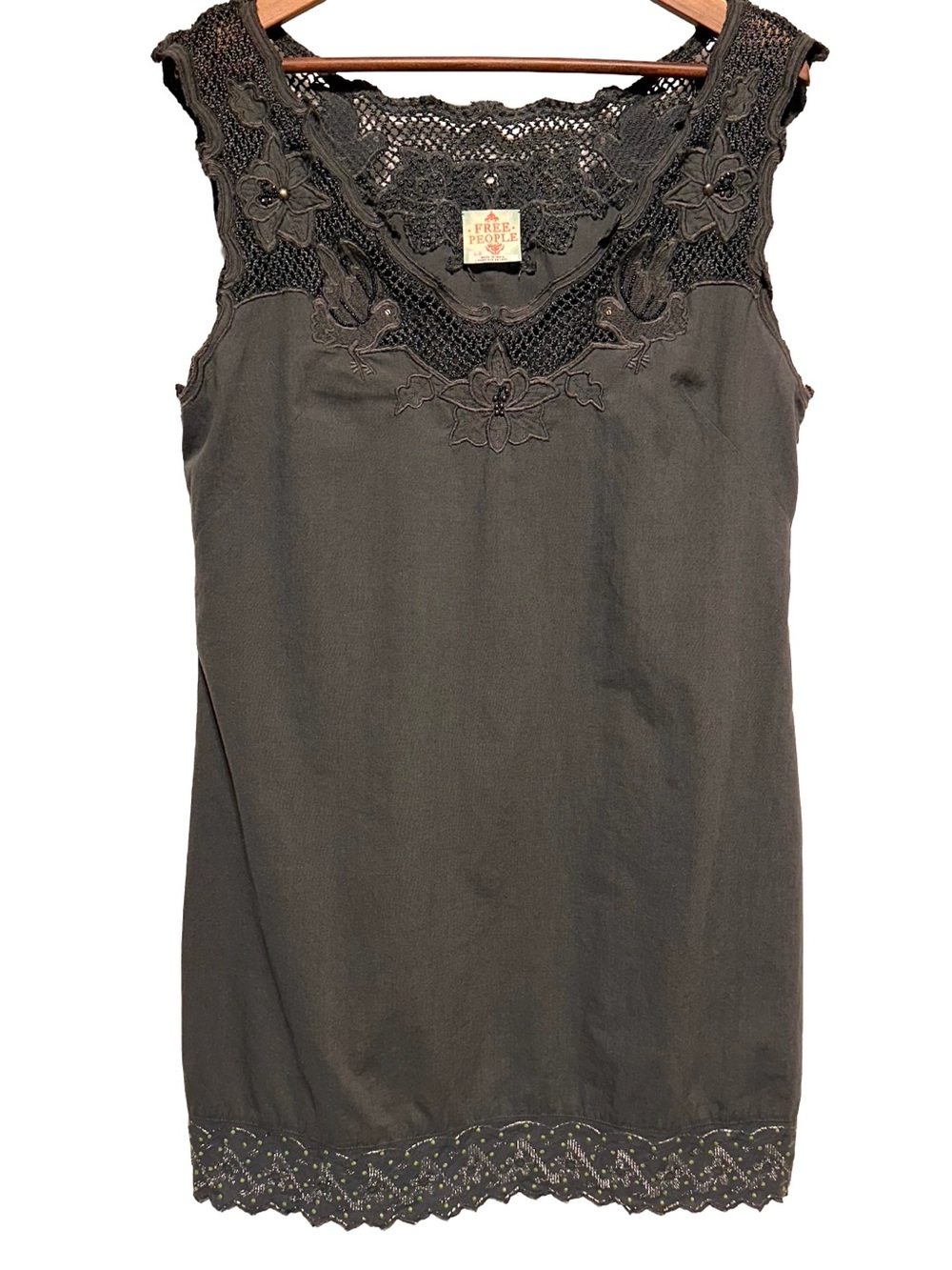 Free People Dark Gray Beaded Lace Crochet Tunic Tank Boho Festival